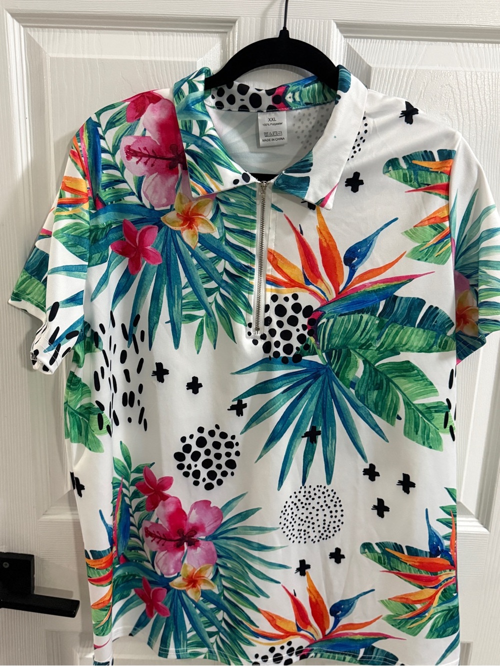 Tropical Floral Bird of Paradise Quarter Zip Polo Shirt XXL Hibiscus Palm Leaf
